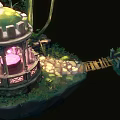 Cartoon Fantasy Forest Scene with Glowing Pink Dome Pavilion Stone Path and Trees