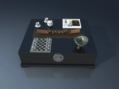 Black Rectangular Box With Swing Door Featuring Tea Cups Chessboard And Decorations 3d model