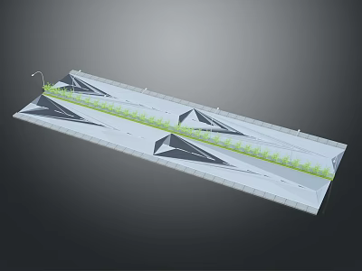 Modern Long Structure With Triangular Roofs Green Planting Strip And Street Lamps 3d model
