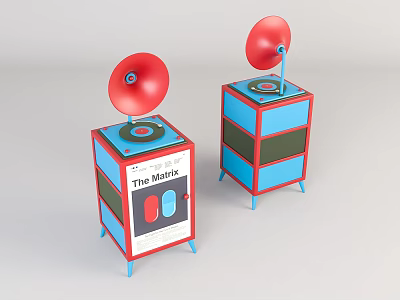 Red and Blue Console Side Cabinets with Decorative Red Horn and THE MATRIX Design 3d model