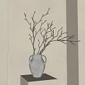 Minimalist White Ceramic Vase with Two Handles Holding Branches and Buds Against Light Colored Wall