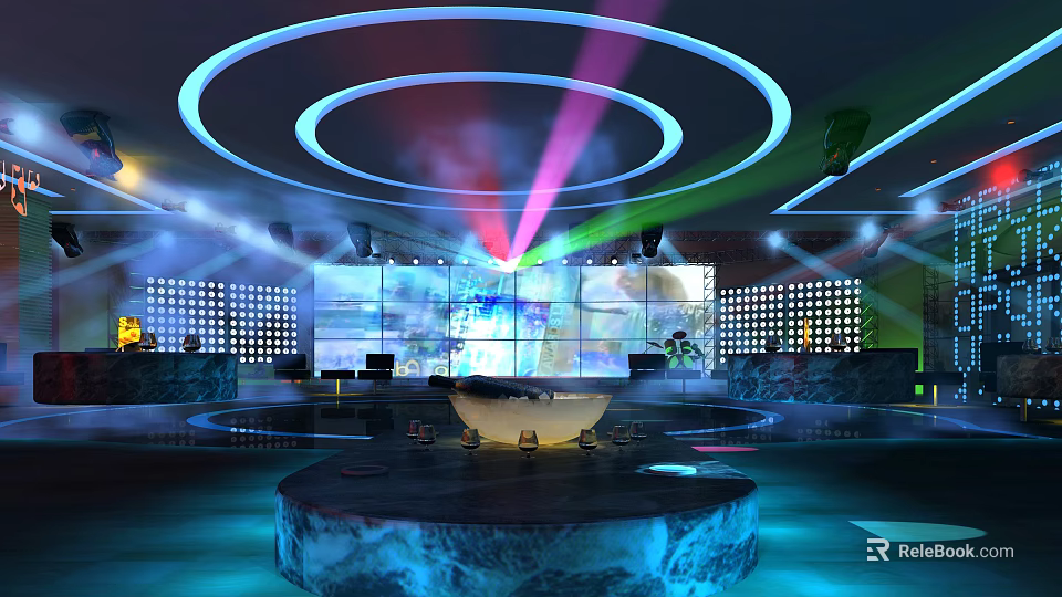 Modern Bar Interior With Circular Lighting Colorful Lasers Large Screens Marble Counter And Round Stage 3d model 