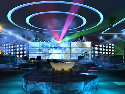 Modern Bar Interior With Circular Lighting Colorful Lasers Large Screens Marble Counter And Round Stage 3d model