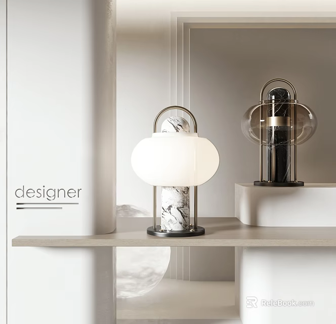 Designer Modern Table Lamp With White Lampshade And Marble Base On White Shelf 3d model 