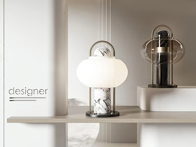 Designer Modern Table Lamp With White Lampshade And Marble Base On White Shelf 3d model