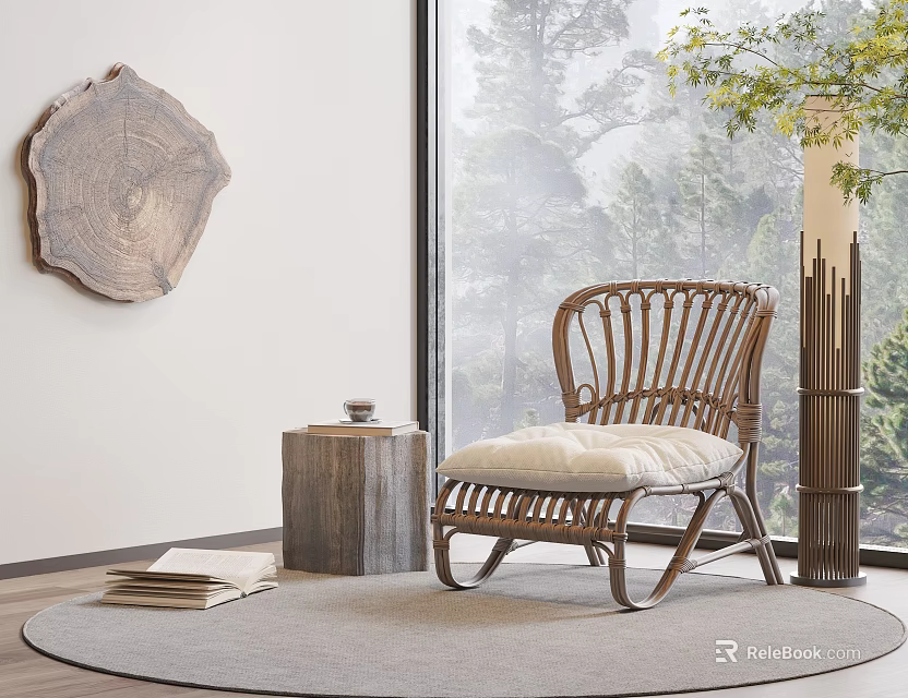 Wicker Lounge Chair With White Cushion Near Large Window Trees Outside Wooden Table And Rug 3d model 