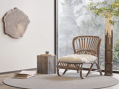 Wicker Lounge Chair With White Cushion Near Large Window Trees Outside Wooden Table And Rug 3d model