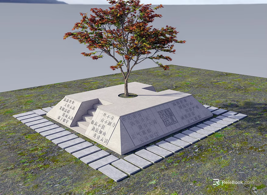 Garden Ornament With Tree Having Red Orange Leaves Stone Pedestal Steps And Stone Paving 3d model 