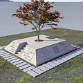 Garden Ornament With Tree Having Red Orange Leaves Stone Pedestal Steps And Stone Paving