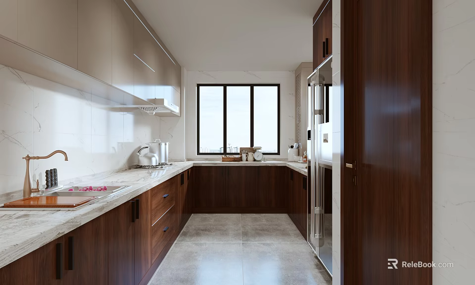 Modern Kitchen Interior With Wooden Cabinets Countertop And Stainless Steel Appliances 3d model 
