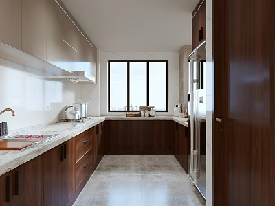 Modern Kitchen Interior With Wooden Cabinets Countertop And Stainless Steel Appliances 3d model