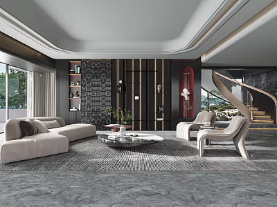 Modern Living Room Interior With Beige Sofa Accent Chairs Coffee Table And Area Rug 3d model