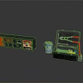 Essential Equipment And Open Toolbox With Pliers Hammer Tape Measure And Can