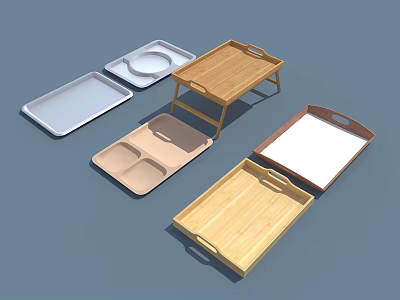 Various Home Living Serving Trays And Portable Wooden Tables With Handles And Divided Compartments 3d model