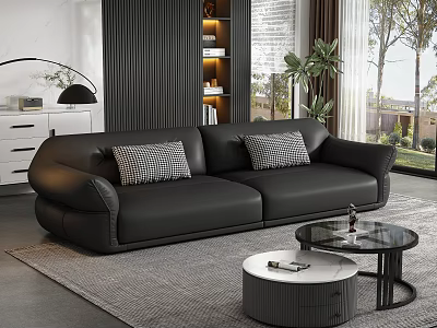 Modern Black Leather Sectional Sofa With Checkered Pillows And Coffee Table In Living Room 3d model