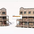 Two Story Wooden House With Balcony Railings Windows And Doors