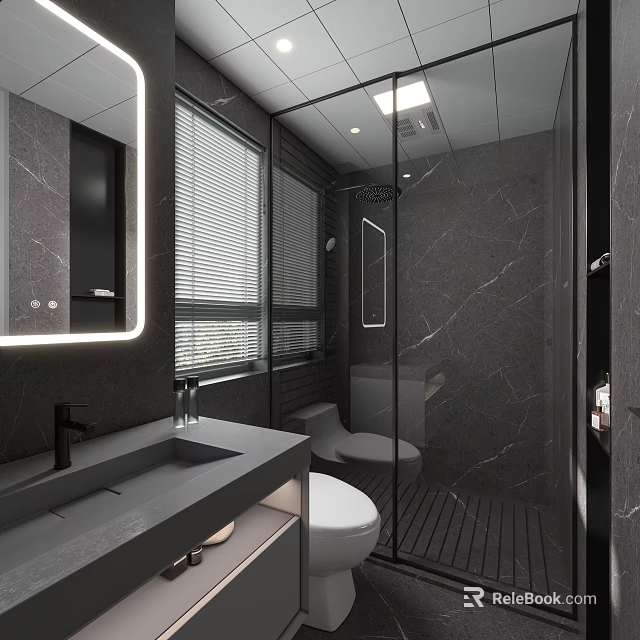 Modern Sleek Dark Marble Bathroom Design With Glass Shower Enclosure And Illuminated Vanity Mirror 3d model 