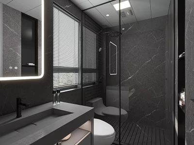 Modern Sleek Dark Marble Bathroom Design With Glass Shower Enclosure And Illuminated Vanity Mirror 3d model