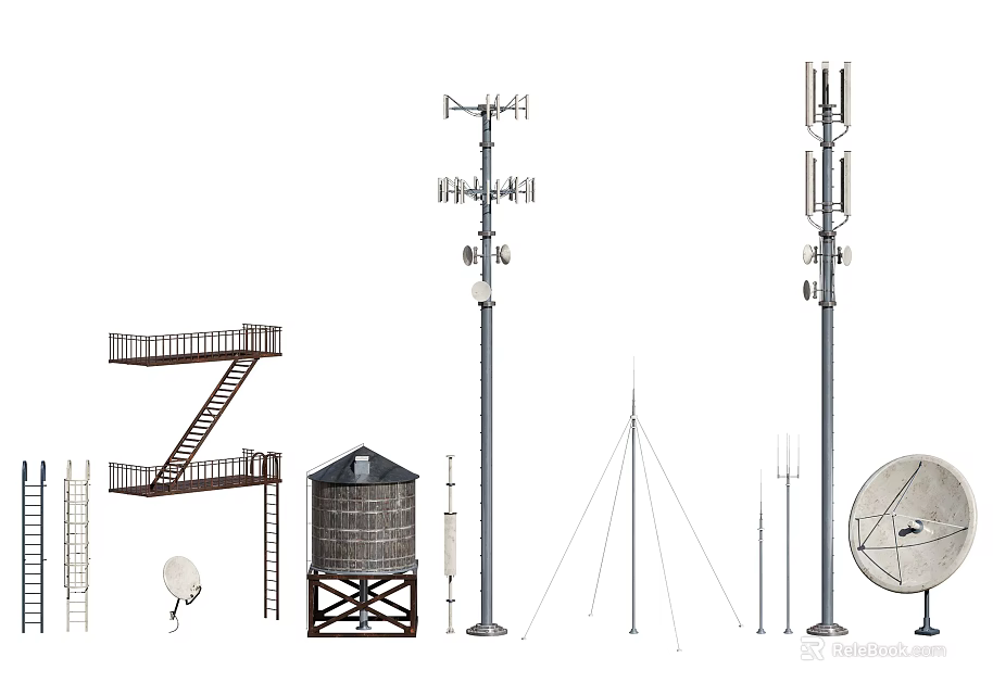 Industrial Equipment Featuring Water Tower Antennas Dishes Ladders And Metal Structures 3d model 