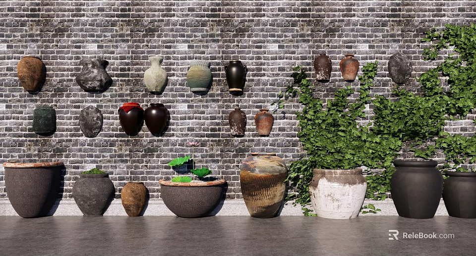 Brick Feature Wall With Hanging And Standing Ceramic Jars And Green Foliage 3d model