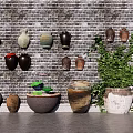 Brick Feature Wall With Hanging And Standing Ceramic Jars And Green Foliage 3d model