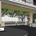 Modern Entrance Gate Design With Glass Facade Car And Pedestrians