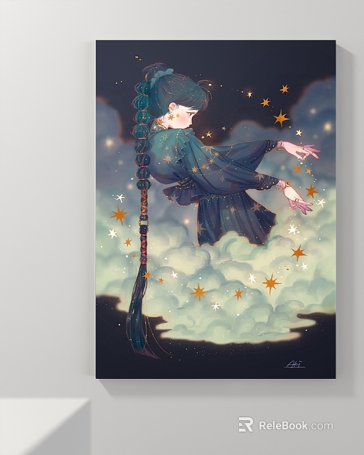 Character Illustration of Girl with Long Braided Hair in Dark Dress Amidst Stars and Clouds 3d model 