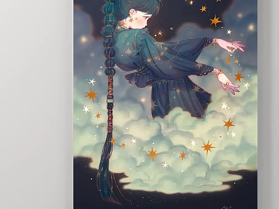 Character Illustration of Girl with Long Braided Hair in Dark Dress Amidst Stars and Clouds 3d model