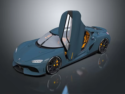 Modern Sleek Blue Sports Car With Open Doors And Yellow Interior 3d model