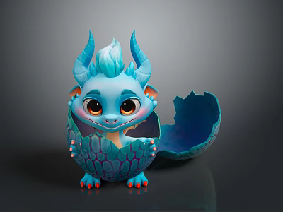 Cute Blue Baby Dragon Emerging From Broken Egg Shell With Big Eyes And Horns 3d model