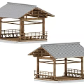 Traditional Wooden Pavilions With Gray Tiled Roofs And Railed Platform Designs