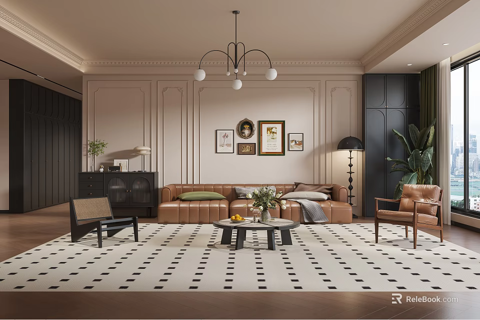Elegant Living Room Interior With Chandelier Framed Artworks Beige Sofa Brown Armchair And Patterned Rug 3d model 