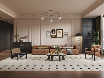 Elegant Living Room Interior With Chandelier Framed Artworks Beige Sofa Brown Armchair And Patterned Rug 3d model