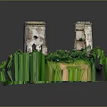 Cartoon Scene of Two Ancient Towers Castle Ruins Surrounded by Lush Green Vegetation and Path