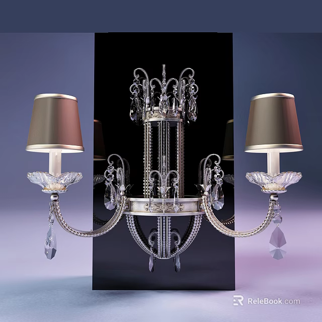 Elegant Wall Lamp With Silver Frame Crystal Pendants And Brown Shade 3d model 
