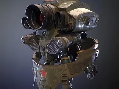Smart Machine Featuring Green Exterior Red Star Emblem Multiple Lenses And Detailed Mechanical Structure 3d model