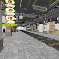 Traditional Commercial Street With Storefronts Stone Pavement Vintage Signboards And Decorative Lanterns