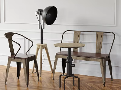 Stylish Table And Chair Set Featuring Wooden Seat Metal Frame Round Table And Floor Lamp 3d model