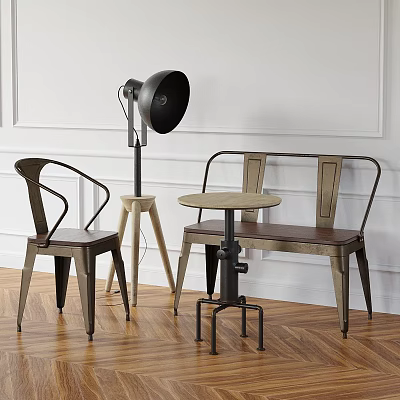 Stylish Table And Chair Set Featuring Wooden Seat Metal Frame Round Table And Floor Lamp 3d model