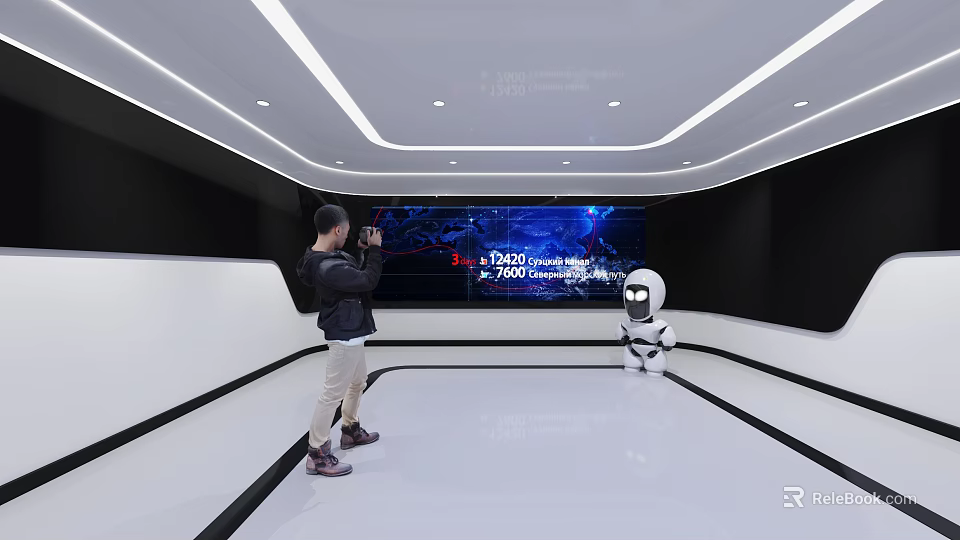 Modern Exhibition Hall With Digital Display Screen Robot And Visitor Taking 3d model
