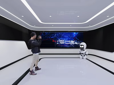Modern Exhibition Hall With Digital Display Screen Robot And Visitor Taking 3d model