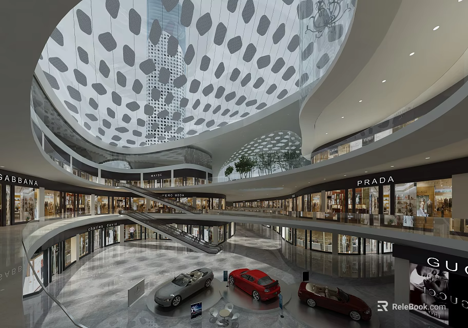 Modern Shopping Mall Atrium With Unique Ceiling Brand Stores Escalators And Cars 3d model 