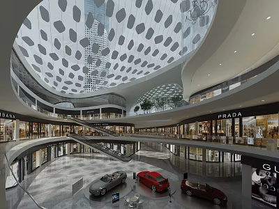 Modern Shopping Mall Atrium With Unique Ceiling Brand Stores Escalators And Cars 3d model