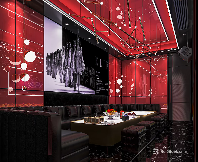 Modern KTV Room Interior With Red Theme Large Screen Sofa And Lighting Decorations 3d model
