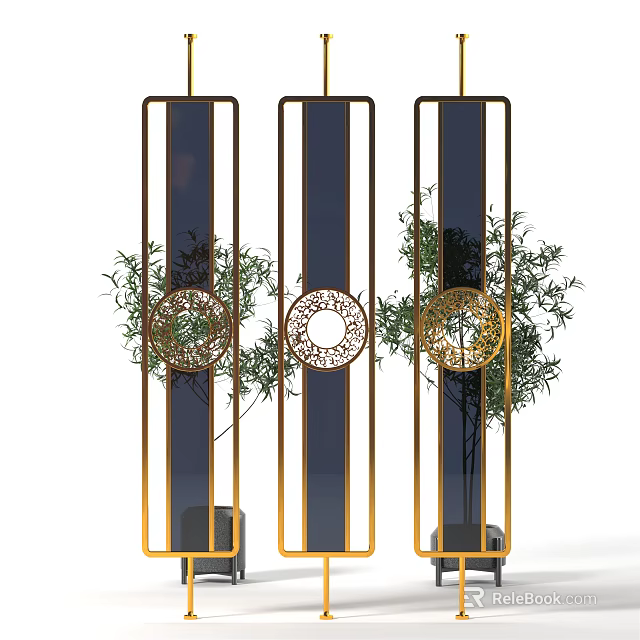 Elegant Room Divider With Gold Frame Circular Design And Green Plants 3d model 