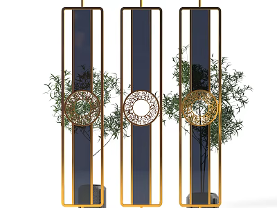 Elegant Room Divider With Gold Frame Circular Design And Green Plants 3d model