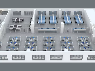 Aerial View Of Interior Workspace With Neatly Arranged Tables Chairs And Different Zones 3d model