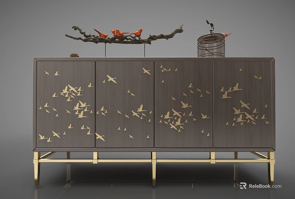 Dark Entryway Cabinet Sideboard With Gold Bird Patterns Gold Legs Decorative Branch Red Birds Birdcage 3d model 