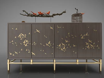 Dark Entryway Cabinet Sideboard With Gold Bird Patterns Gold Legs Decorative Branch Red Birds Birdcage 3d model