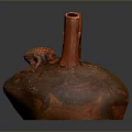 Artistic Orange Clay Sculpture Carving with Two Tubular Spouts Handle and Textured Surface